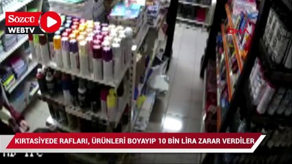 Kırtasiyede rafları, ürünleri boyayıp 10 bin lira zarar verdiler