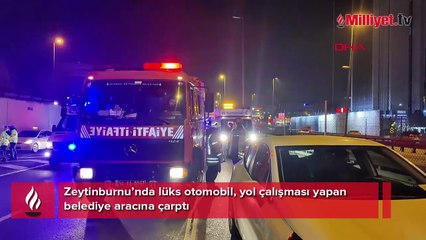 Zeytinburnu’nda lüks otomobil, yol çalışması yapan belediye aracına çarptı