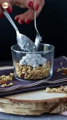 Coconut milk chia pudding verrines with granola and raspberries