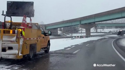 Truck jackknifed on slippery highway in Pennsylvania