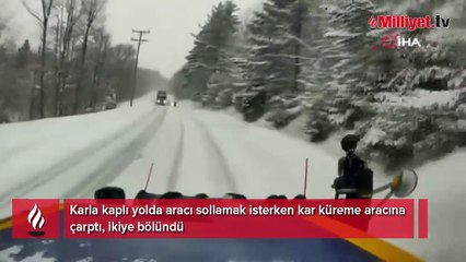Karla kaplı yolda aracı sollamak isterken kar küreme aracına çarptı