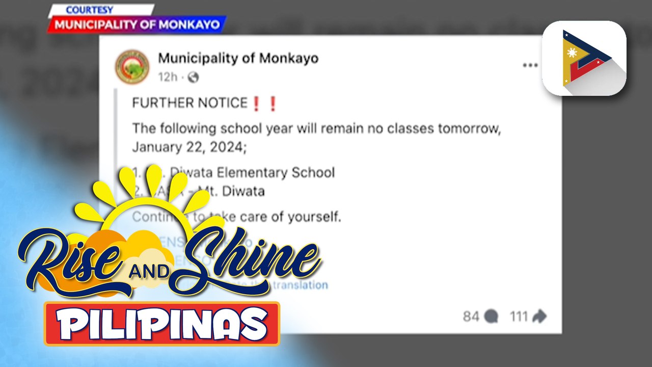 Klase ng ilang paaralan sa Monkayo, Davao de Oro, suspendido pa rin hanggang ngayong araw