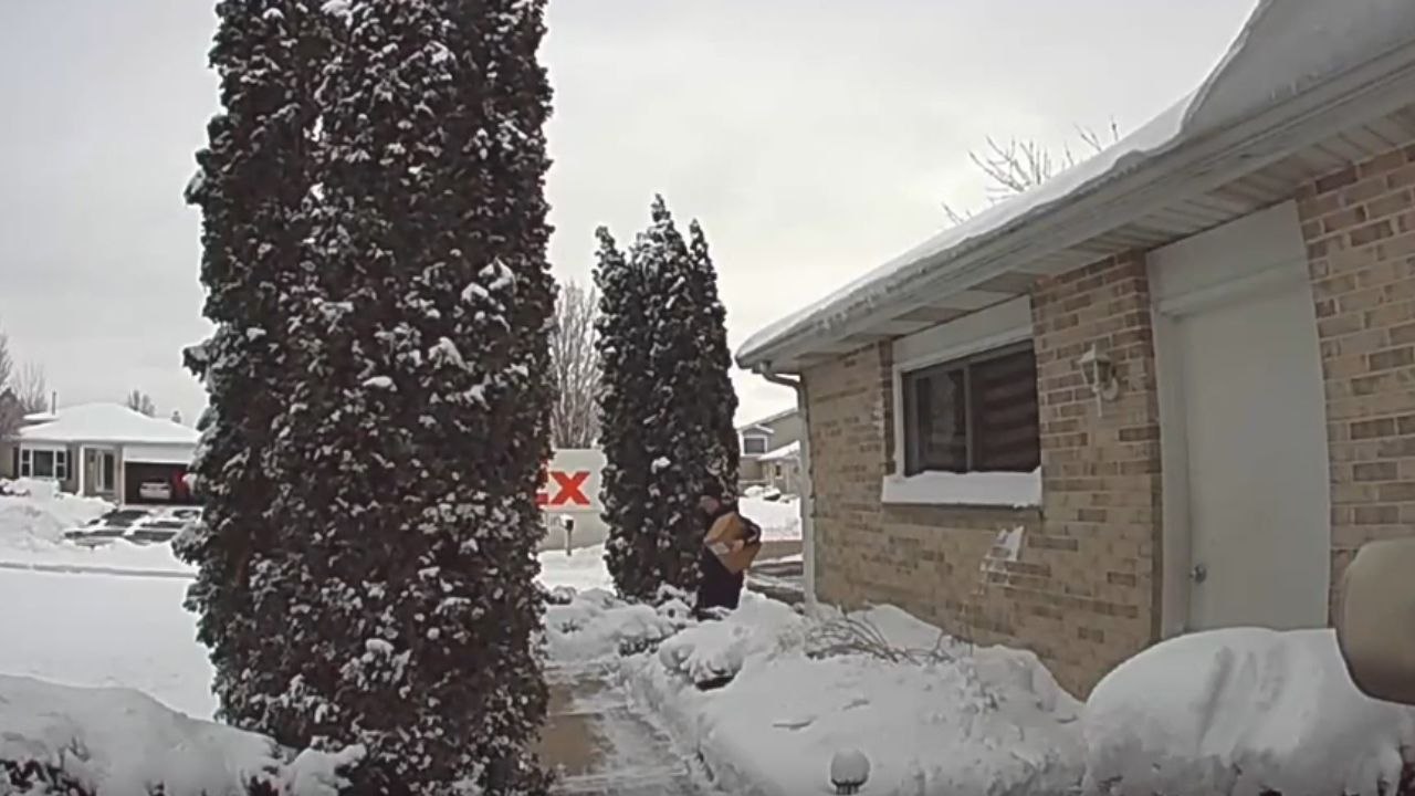 FedEx delivery person slips and falls after horridly delivering parcel
