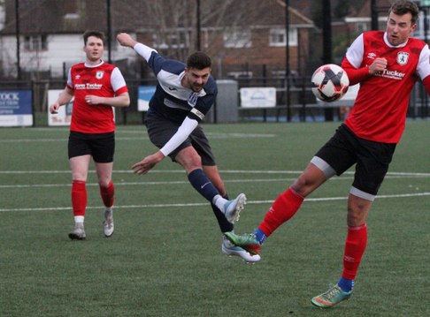 Sheerwater Pilgrims, blue and white, beat Woking & Maybury 4-0 on 20-1-24