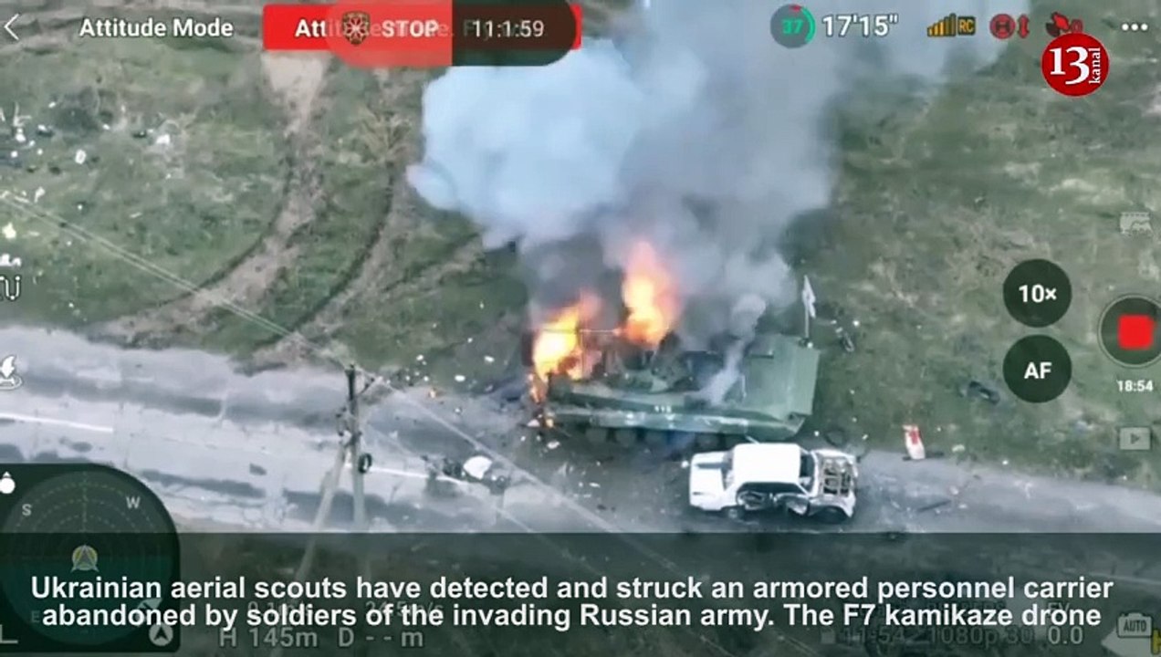 Ukrainian kamikaze drone _visits_ military equipment abandoned by the fleeing Russian soldiers