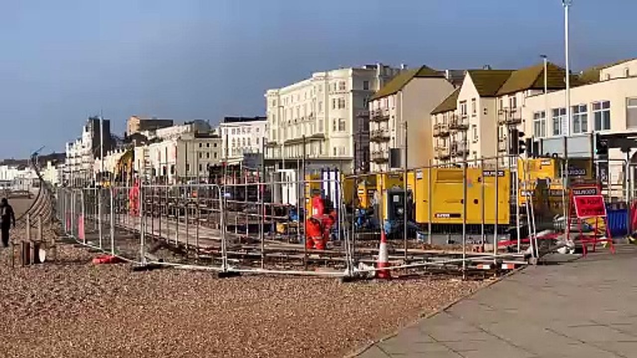 Southern Water pumps and temporary walkway on the promenade at Denmark Place, Hastings, East Sussex