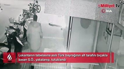 Kameralar incelenince ortaya çıktı! Türk bayrağını bıçakla kesti