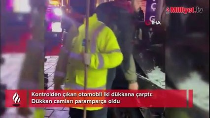Kontrolden çıkan otomobil iki dükkana çarptı: Dükkan camları paramparça oldu