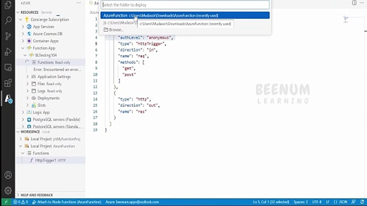 12 Use VSCode to deploy functions locally for Azure Function