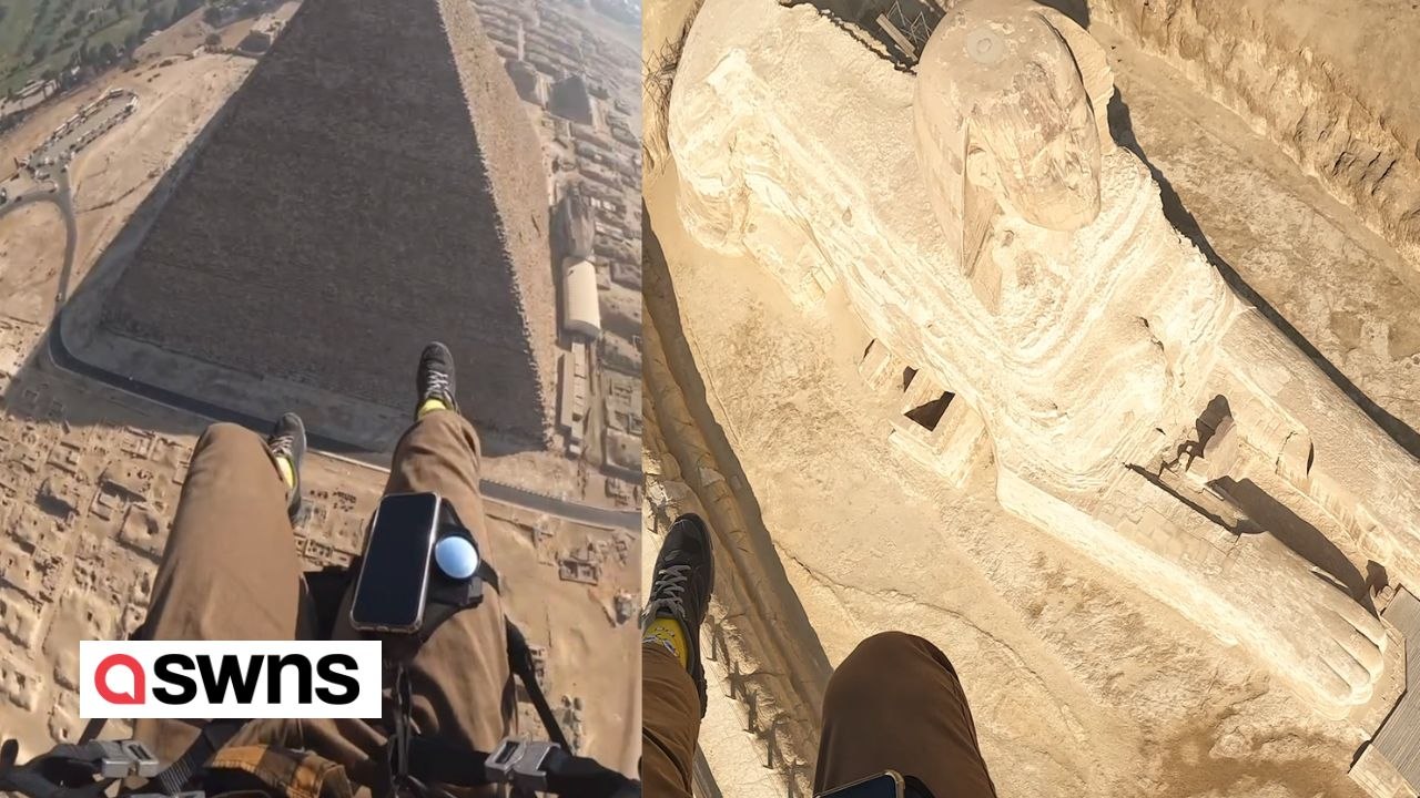 Motorschirm-pilot gleitet über wunderschöne altägyptische architektur