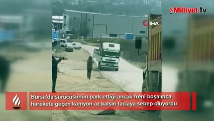 Freni boşalan kamyon böyle harekete geçti