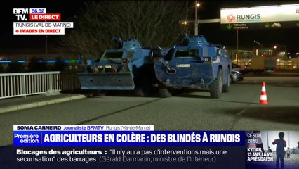Colère des agriculteurs: des blindés positionnés devant le marché de Rungis