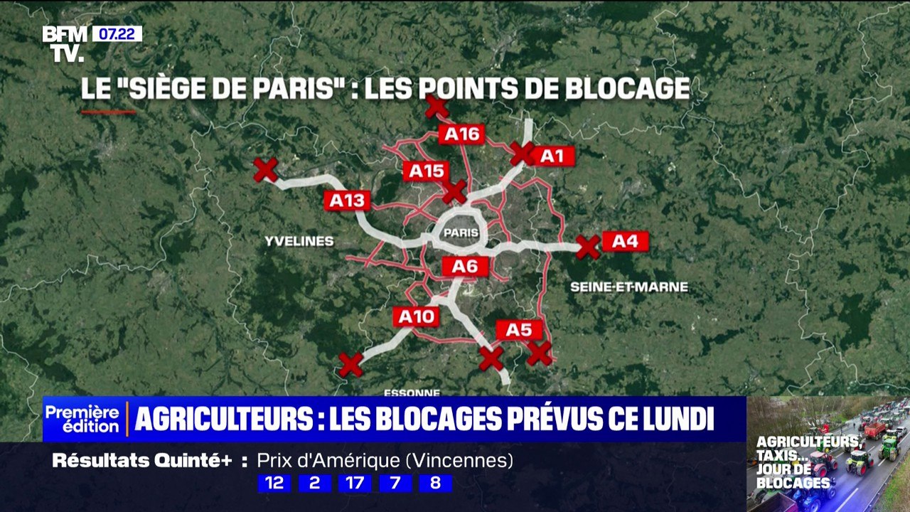 "Siège" de Paris par les agriculteurs: les huit points de blocage prévus ce lundi