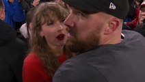 Taylor Swift and Travis Kelce share kiss on field after Chiefs reach Super Bowl LVIII