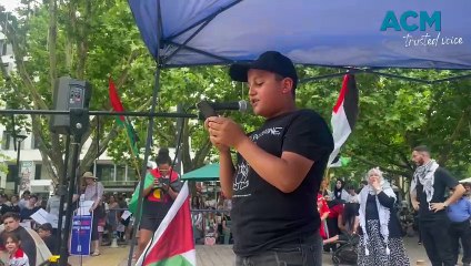 Mahdi Souweid, 12, performs a rap at a Palestinian solidarity protest