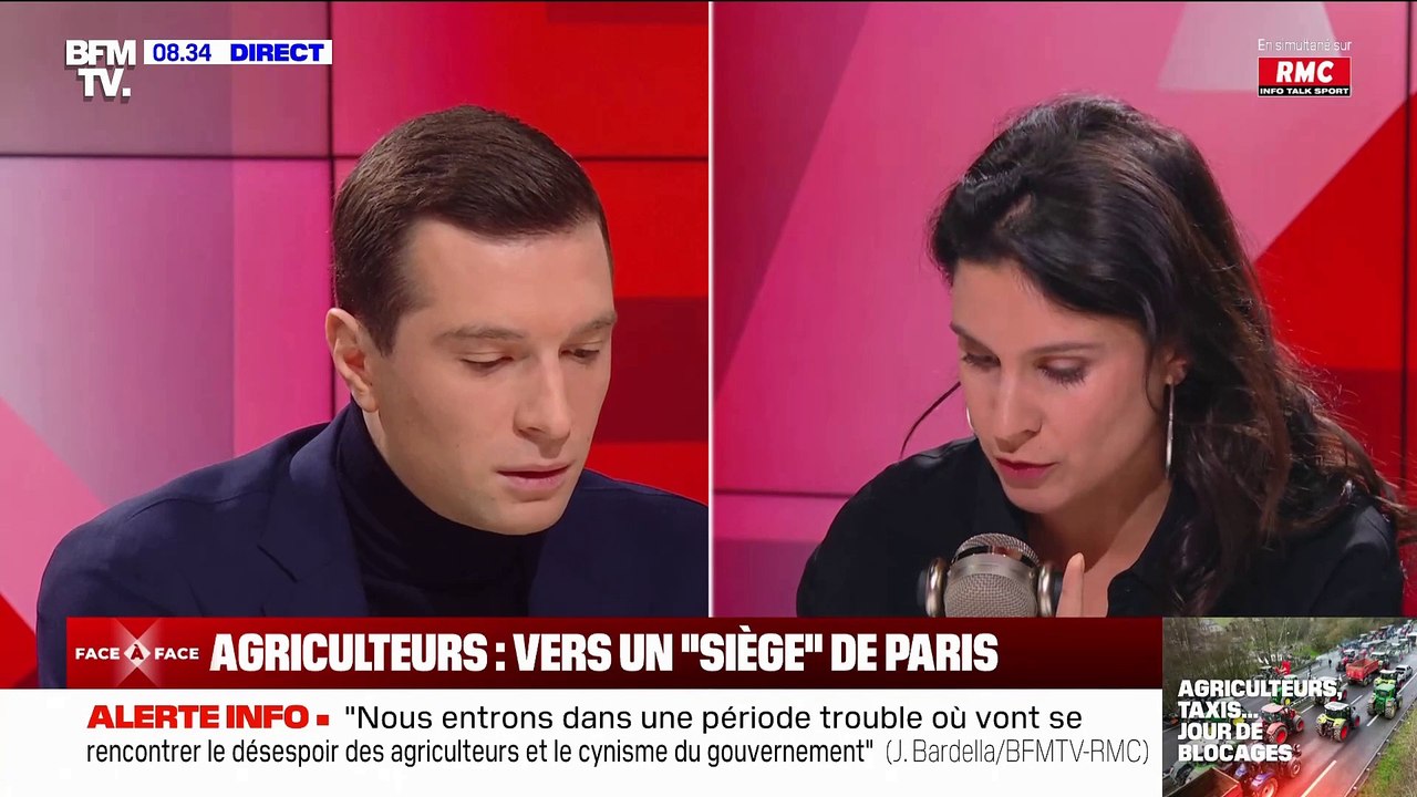Crise des agriculteurs - Très vif échange entre Jordan Bardella, président du Rassemblement national, et Apolline de Malherbe sur RMC: "Vous aussi, vous êtes complétement schizophrène !" - Regardez