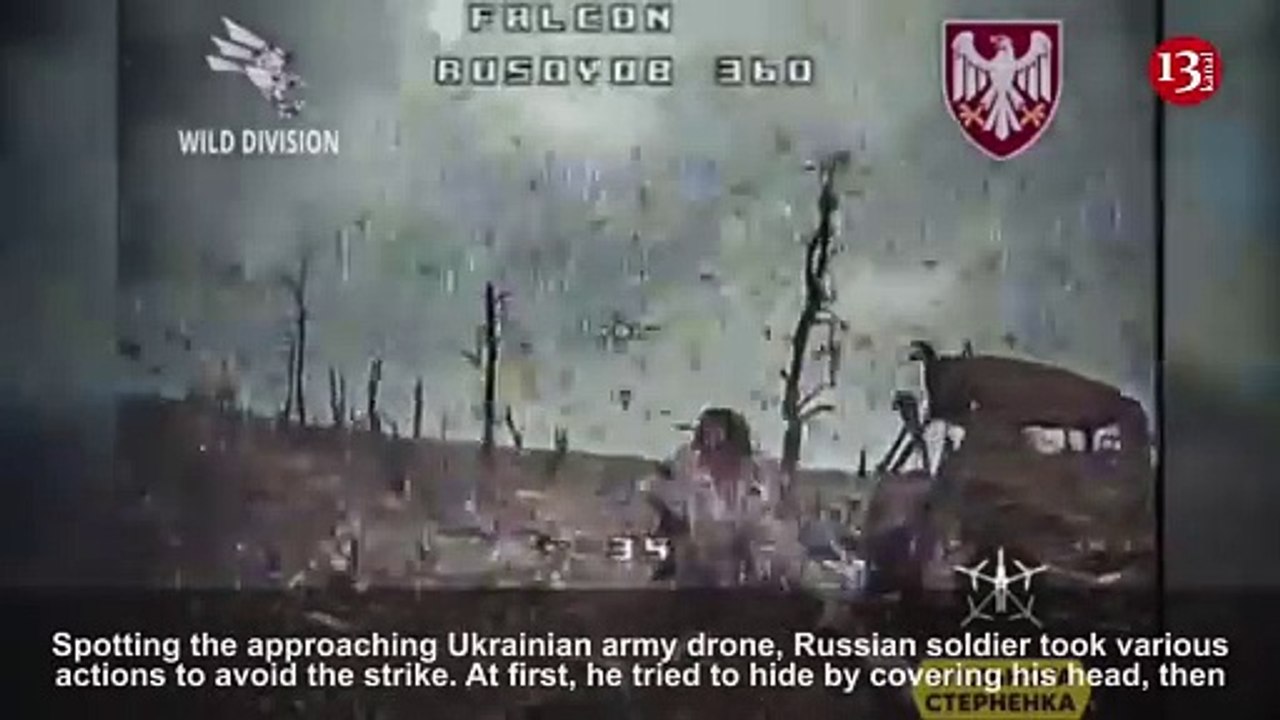 Footage of a Russian soldier trying to avoid drone’s attention with acrobatic movements