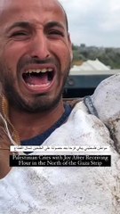 Seorang lelaki Palestin menangis kegembiraan selepas berjaya mendapatkan tepung untuk keluarganya di Gaza