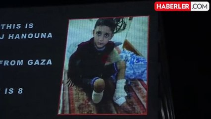 İsrail'in katlettiği çocukların fotoğrafları hastane binasına yansıtıldı