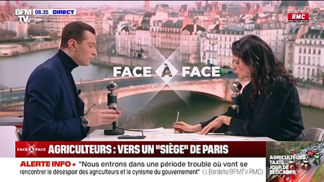 Apolline de Malherbe confronte son invité Jordan Bardella sur une de ses actions qu'elle juge "schizophrène" dans le "Face à Face" de BFMTV.