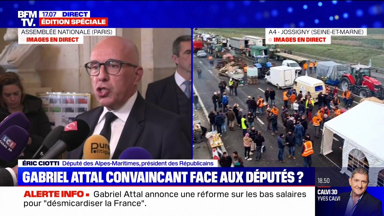 Déclaration de politique générale de Gabriel Attal: "Je n'ai pas trouvé une vision à la hauteur de la gravité de la situation de notre pays", affirme Éric Ciotti (président des Républicains)