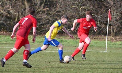 Ripley Village FC, red, lose 3-1 at home to Dial Square in the Surrey County Intermediate League (Western) Premier Division 27-1-24