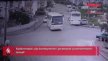 Kaldırımdaki çöp konteynerleri şarampole yuvarlanmasını önledi, o anlar kamerada