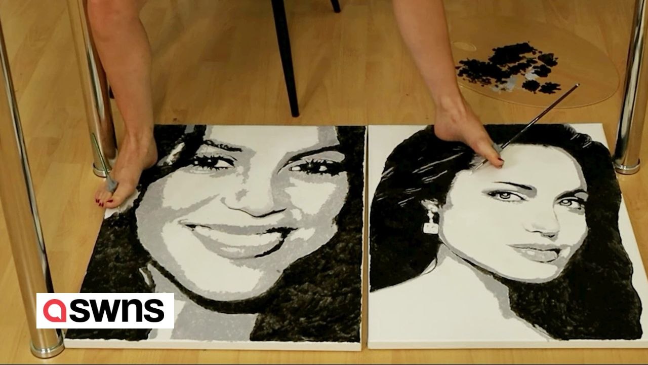 Künstlerin kann mit Händen und Füßen gleichzeitig Porträts zeichnen