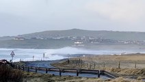 Waves crash over runway at Shetland’s Sumburgh airport as storm batters UK with 85mph winds