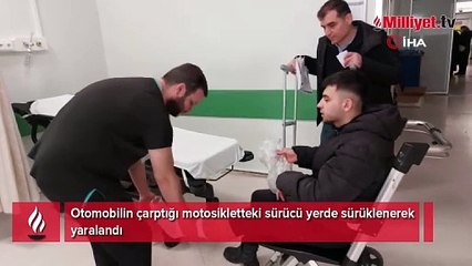 Motosikletli sürücünün metrelerce sürüklendiği feci kaza kamerada