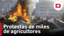 Miles de agricultores protestan en Bruselas con hogueras a las puertas del Parlamento Europeo