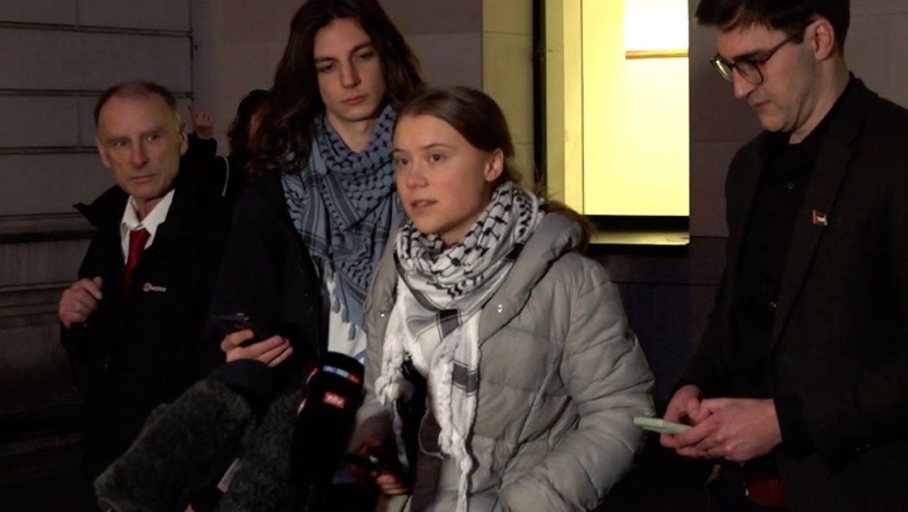 Watch: Greta Thunberg and co-defendants speak outside court after first day of trial