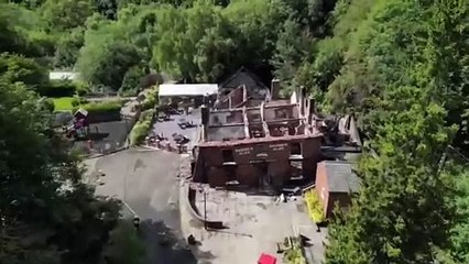 Drone footage shows devastation caused by blaze at Crooked House pub