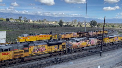 UP 5463 Leads Eastbound Intermodal Train Passes Through West Colton Yard