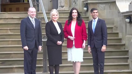 Rishi Sunak and Chris Heaton-Harris arrive at Stormont to mark restoration of the devolved government