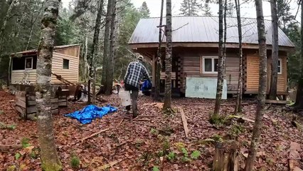 Before the winter with heavy snowfall, father and son worked hard to decorate the wooden house