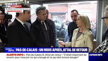 Скачать видео: En déplacement à Blendecques, dans le Pas-de-Calais, Gabriel Attal et Christophe Béchu échangent avec des commerçants sinistrés