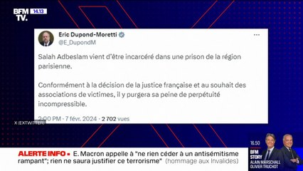 Salah Abdeslam incarcéré dans une prison de la région parisienne, annonce Éric Dupond-Moretti