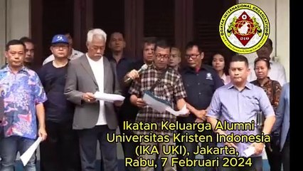 Ikatan Keluarga Alumni Universitas Kristen Indonesia, Jakarta, Rabu, 7 Februari 2024, Memperingatkan Presiden Joko Widodo Tidak Salahgunakan Kekuasaan Memenangkan Pasangan Calon Presiden Tertentu Pemilu Presiden, Rabu, 14 Februari 2024.