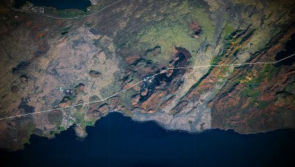 Mapa animado de Islandia que muestra Grindavik, experimentando una nueva erupción