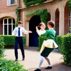 Beautiful anime school girls and boys dancing