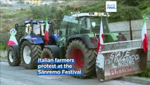 Italian farmers protest at Sanremo music festival, while roadblocks continue in Bulgaria and Spain