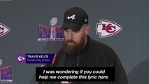 Watch: Awkward moment reporter tries to get Travis Kelce to sing “Karma”
