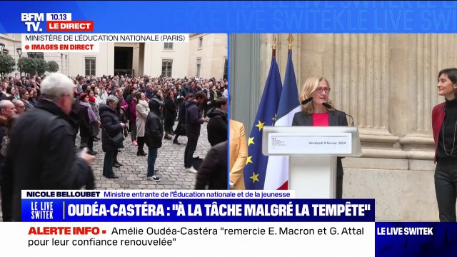 Nicole Belloubet salue le courage d'Amélie Oudéa-Castéra lors de la passation de pouvoir au ministère de l'Éducation nationale