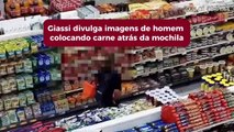 Giassi tem imagens de homem colocando carne atrás da mochila