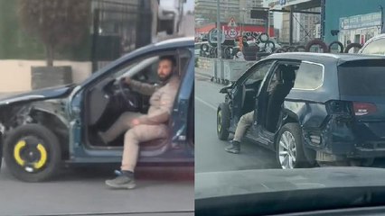 Avcılar'da ağır hasarlı otomobille trafiğe çıktı, ayağını dışarıya sarkıtarak ilerledi