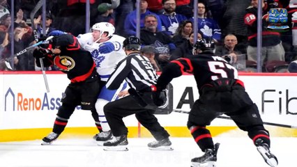 Maple Leafs Morgan Rielly Cross-Checks Ridly Greig in the Face after an Empty Net Slapshot