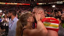 Taylor Swift and Travis Kelce share sweet embrace on field after Kansas City wins Super Bowl