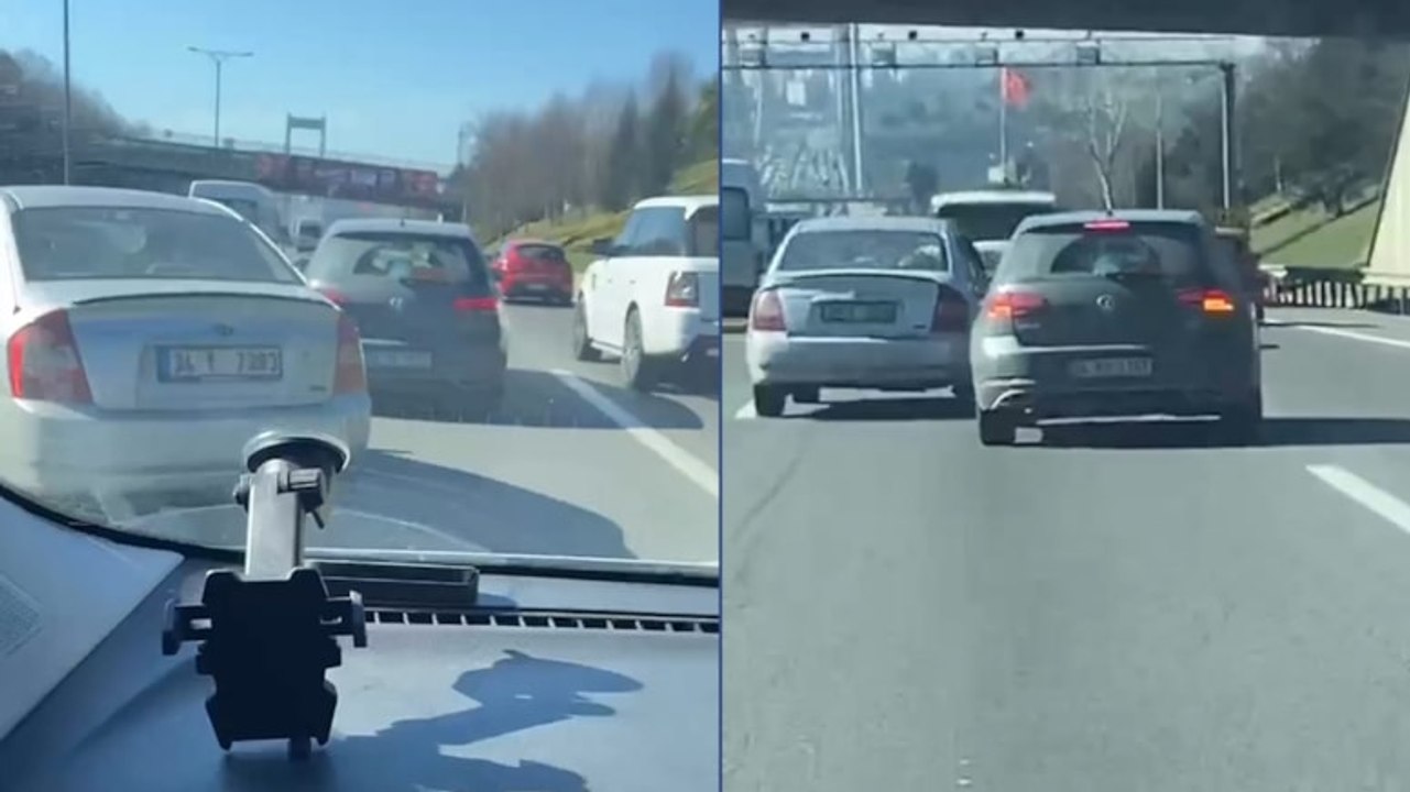 Trafikte tehlikeli inatlaşma kamerada