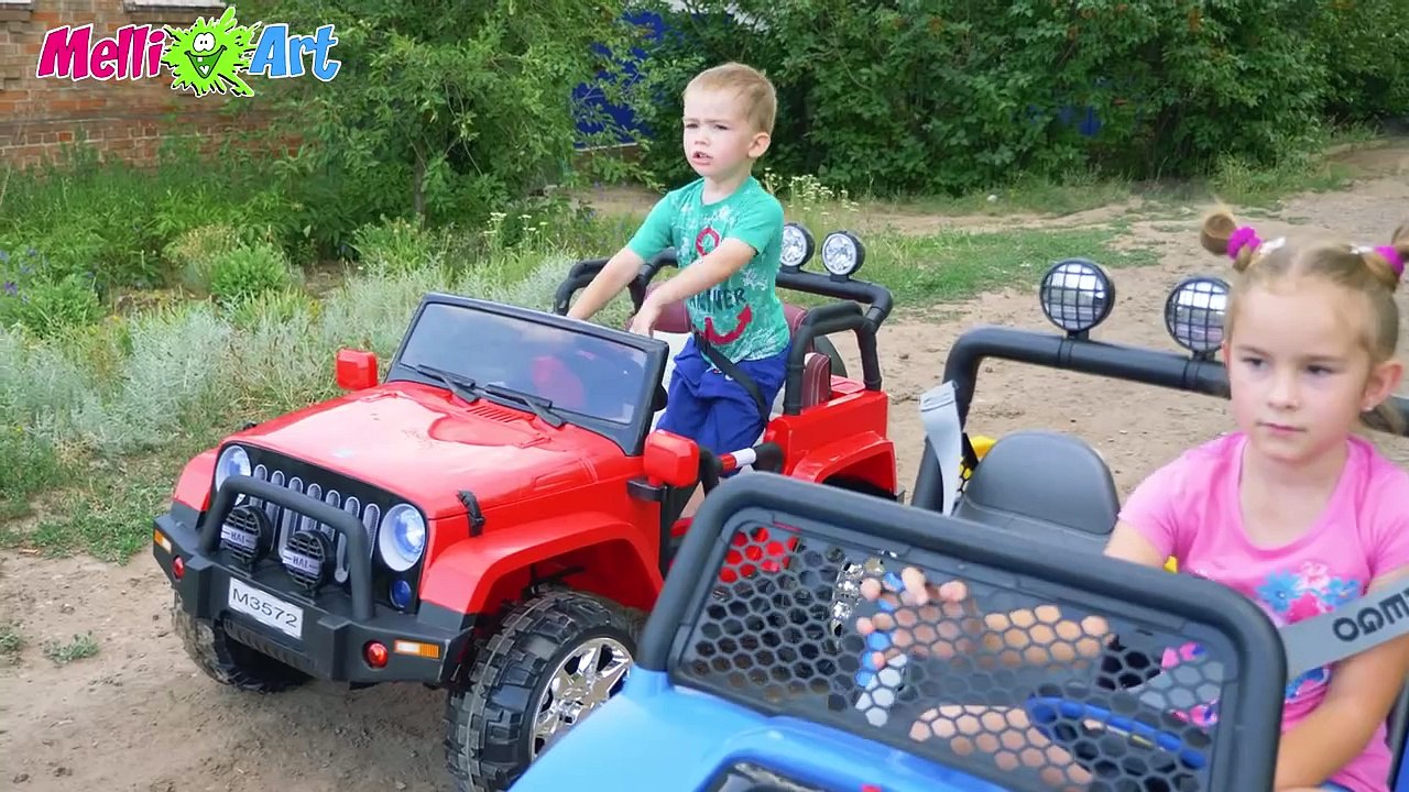 Melissa Rides a Kids  Car and Get Stuck in Mud_  Artur Tows with His Jeep